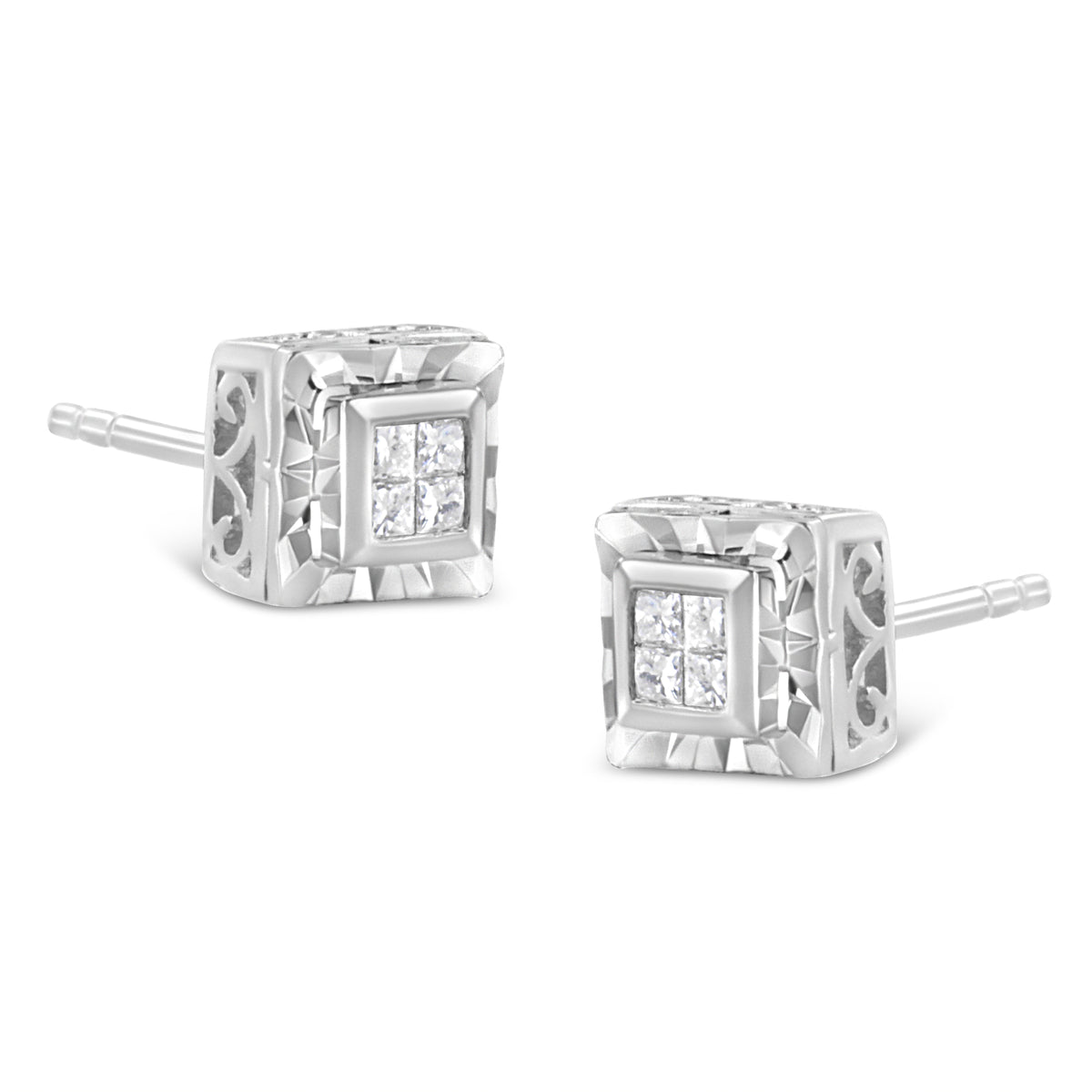 Pendientes de plata de ley .925 con 1/6 quilates de diamantes invisibles con corte de princesa y montura de cuatro (Color H-I, Claridad I1-I2)