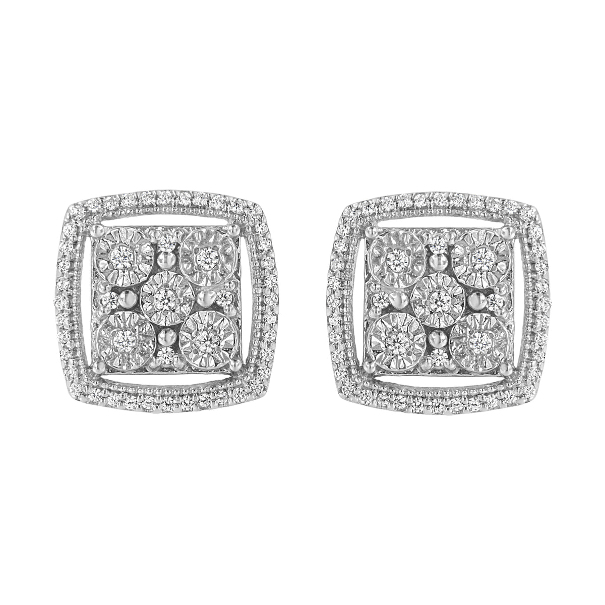 Pendientes de clúster de doble halo de diamantes redondos con engaste Miracle de 3/8 Cttw en plata de ley .925 (color I-J, claridad I2-I3)