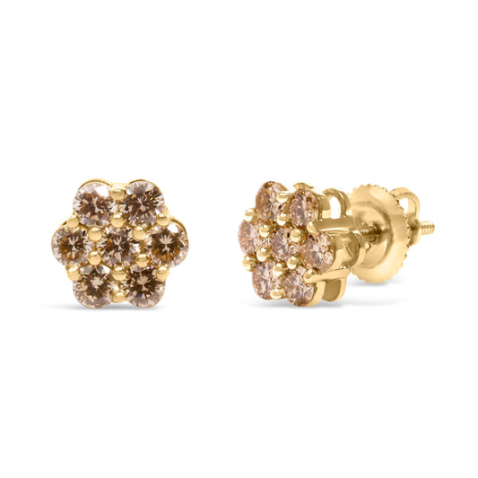 Pendientes de botón florales de oro amarillo de 14 quilates con diamantes de 1,0 quilates (Color J-K, Claridad VS2-SI1)
