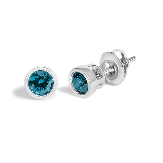 14K White Gold 1.0 Cttw Bezel Set Lab Grown Blue Diamond Solitaire Stud Earrings - view 2