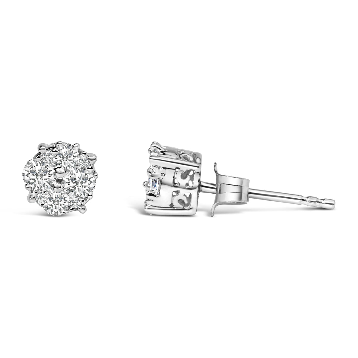 Pendientes de tuerca de plata esterlina .925 con diamantes redondos en engaste de garra de 1/2 quilate (color I-J, claridad I2-I3)
