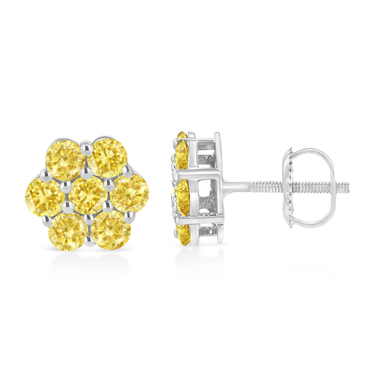 Pendientes de plata de ley 925 con diseño floral y diamantes amarillos tratados de 1/4 TCW (color amarillo, claridad I1-I2)