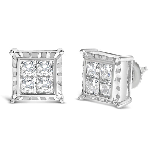 Pendientes de tuerca de oro blanco de 14K con diamantes de laboratorio de talla princesa de 2,00 Cttw engaste invisible en diseño ondulado