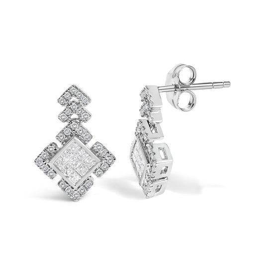 10K White Gold 3/5 Cttw Princess Diamond Geometric Drop Earrings - view 2