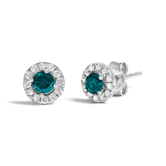 .925 Sterling Silver 1/2 Cttw Blue Diamond Halo Stud Earring - view 2