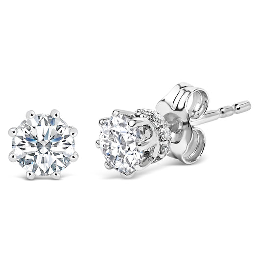 Pendientes de botón con halo oculto y 8 puntas de oro blanco de 14K con diamantes cultivados en laboratorio de 1,0 Cttw (color F-G, claridad VS1-VS2)
