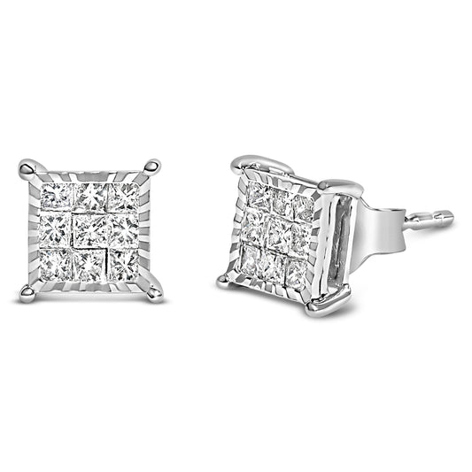 Pendientes de botón cuadrados de plata de ley con diamantes talla princesa de 0,5 quilates en composición
