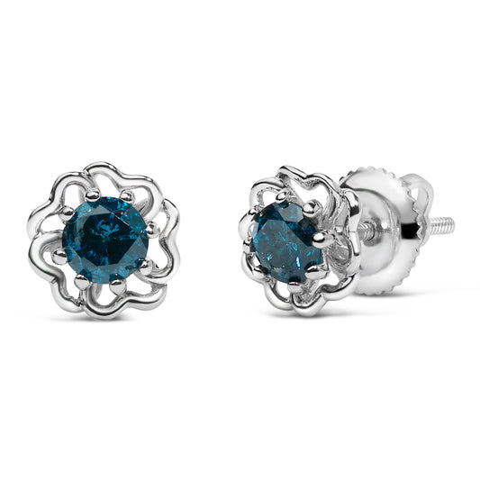 .925 Sterling Silver 1/2 Cttw Blue Diamond with Openwork Floral Halo Stud Earrings