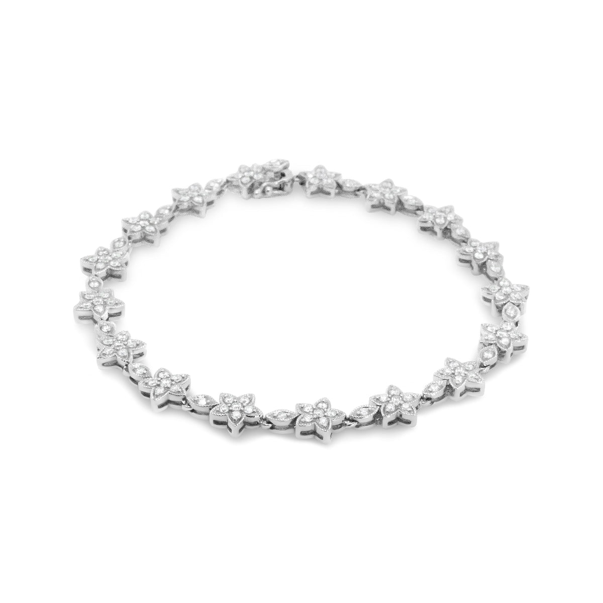 14K White Gold 1 1/5 Cttw Round Diamond Flower Blossom Link Bracelet (H-I Color, SI1-SI2 Clarity) - Size 7"