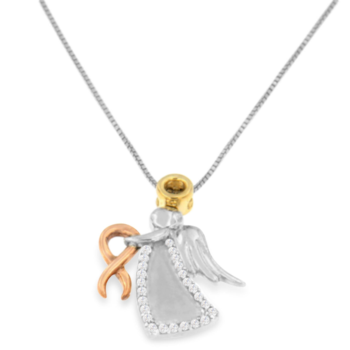 10K Tri-Color Gold Diamond-Accented Angel Awareness Ribbon Pendant Necklace (H-I Color, I1-I2 Clarity)