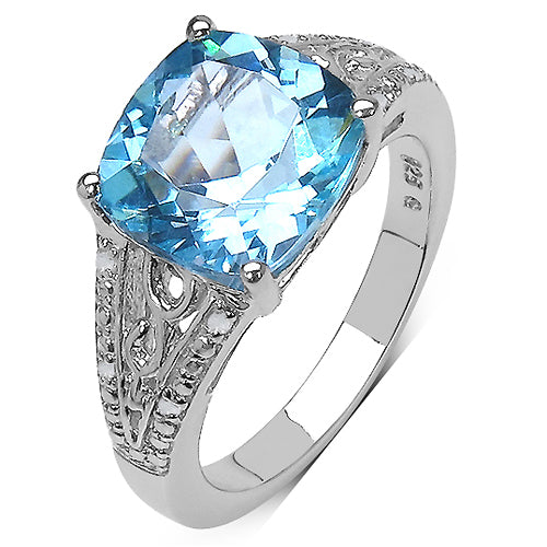 Anillo de plata de ley con topacio azul auténtico de 5,05 quilates y detalles de diamante auténtico de 0,05 qt.p.t.