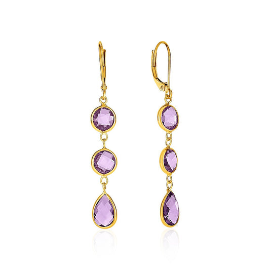 Drop Earrings with Round and Pear-Shaped Amethysts in 14k Yellow Gold - view 2