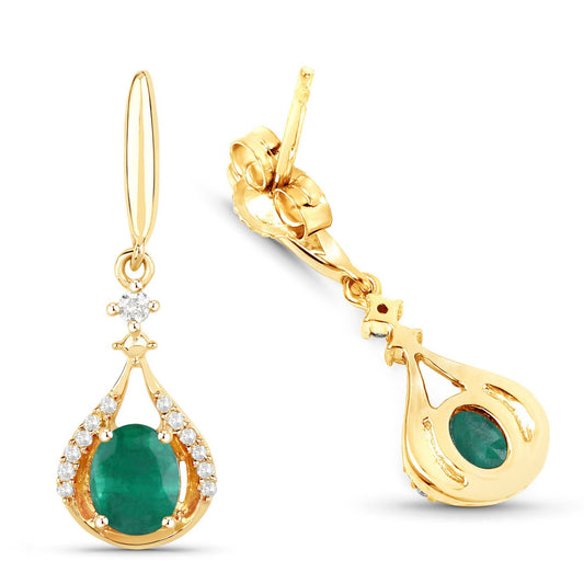 0.70 Carat Genuine Zambian Emerald and White Diamond 14K Yellow Gold Earrings - view 2