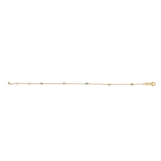 Pulsera de cadena con estaciones alternas de esmeraldas verdes y diamantes en bisel de oro amarillo de 14K - Talla 7.5 pulgadas