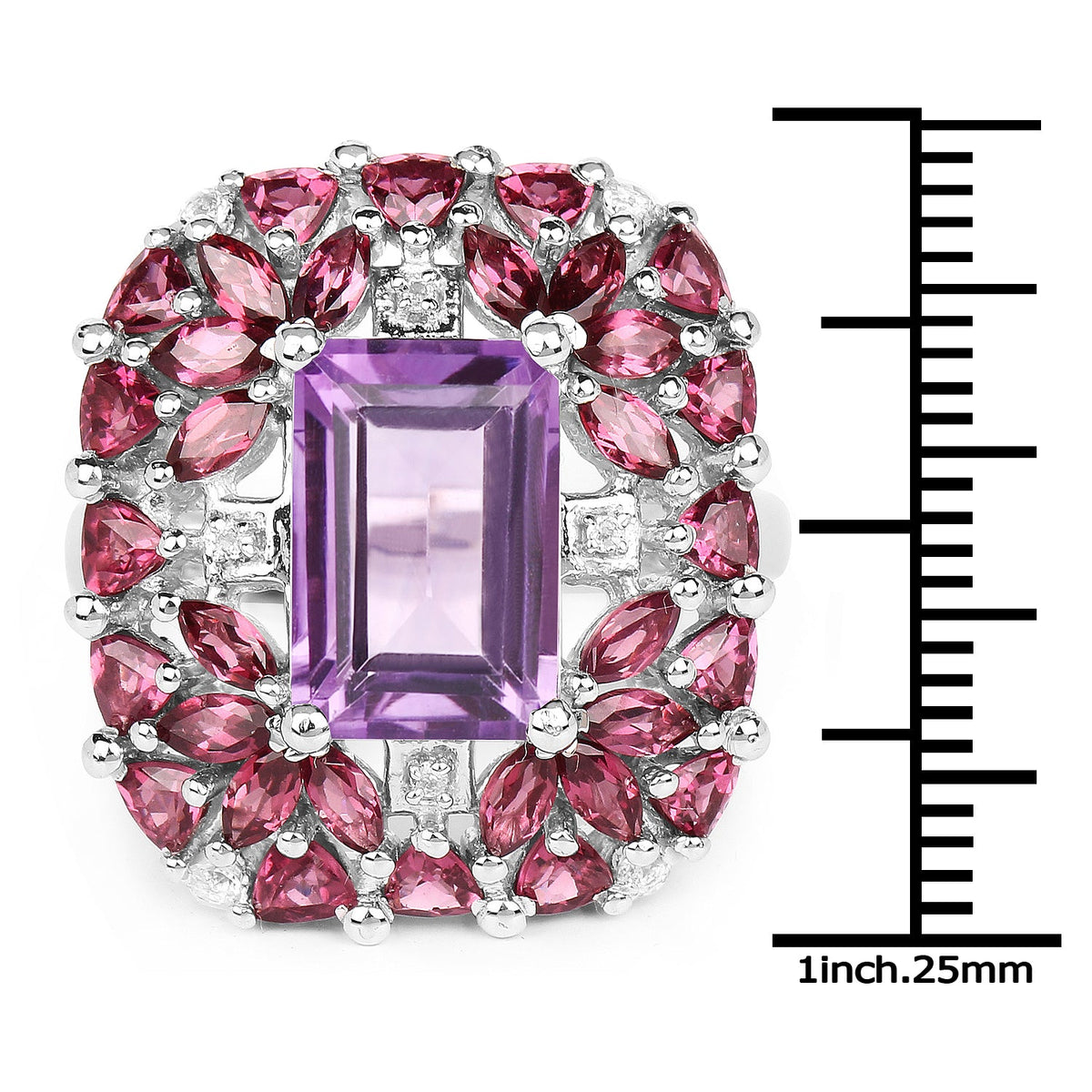 Anillo de plata de ley .925 con amatista rosa, rodolita y topacio blanco genuinos de 7.59 quilates