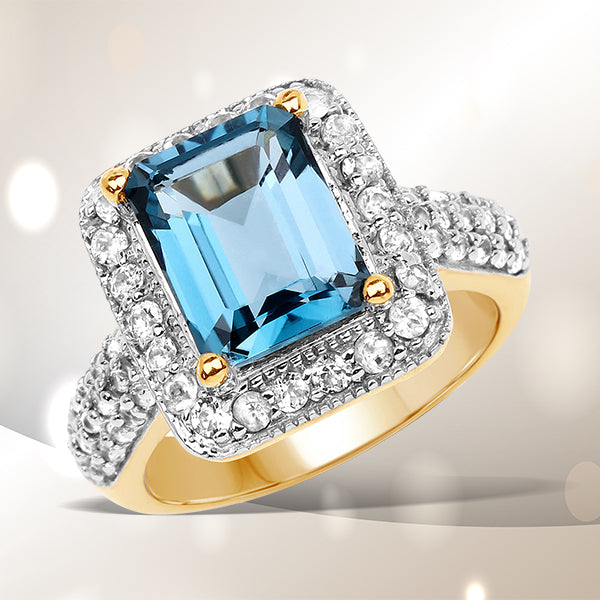 Anillo de plata de ley .925 con topacio azul de Londres genuino de 5,03 quilates y topacio blanco, chapado en oro amarillo de 14 quilates