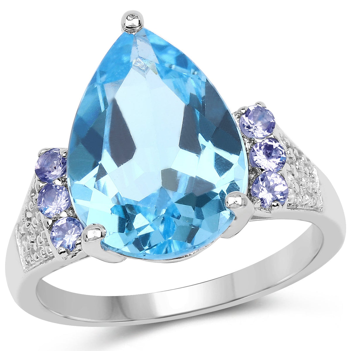 Anillo de plata de ley .925 con topacio azul suizo, tanzanita y topacio blanco genuinos de 6.86 quilates