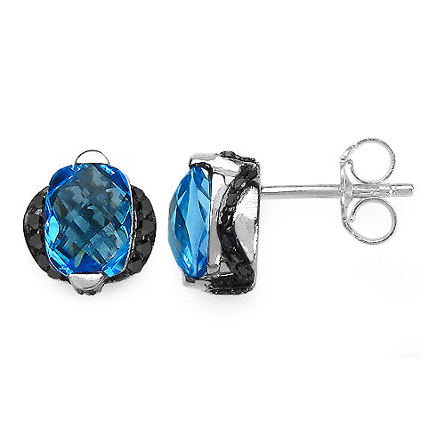 Aretes de 3.74 quilates de topacio azul genuino y diamante negro en plata de ley .925