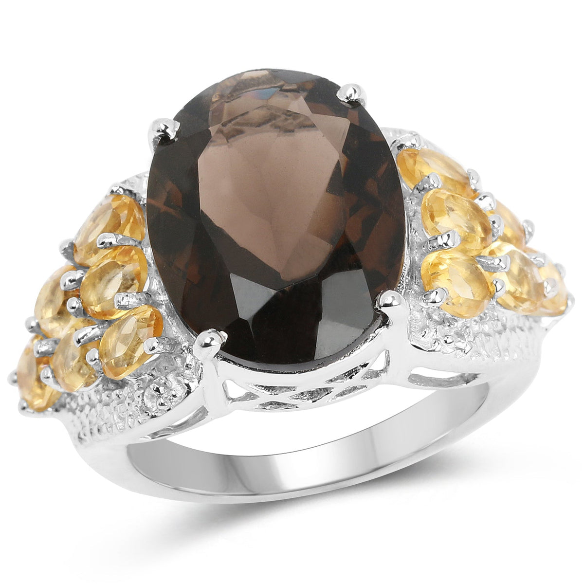 9.74 Carat Genuine Smoky Quartz, Citrine & White Topaz .925 Sterling Silver Ring