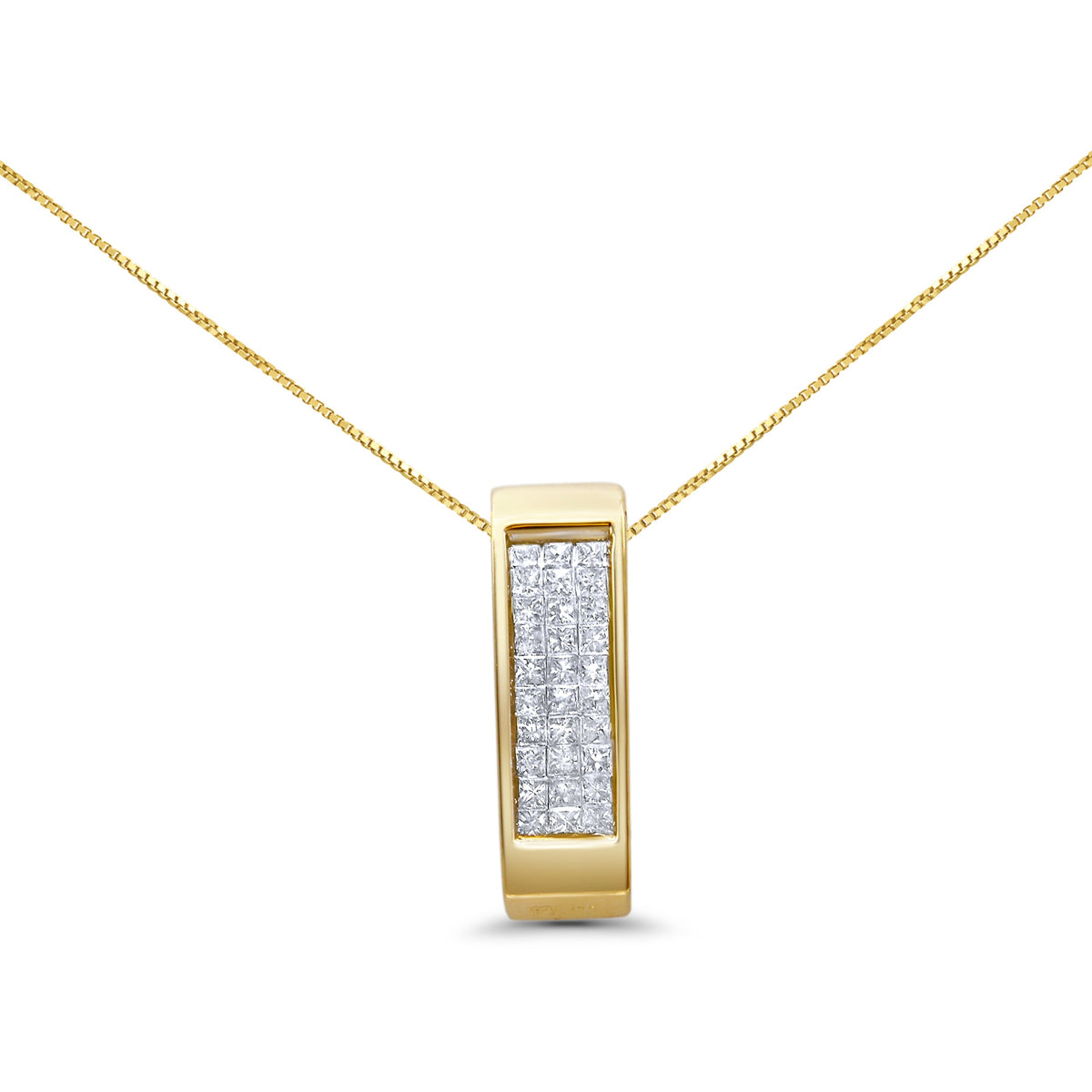 Collar con colgante de barra vertical de oro amarillo de 14K con diamantes de talla princesa de 1/2 quilate engarzados invisibles, 18" (color H-I, claridad SI2-I1)