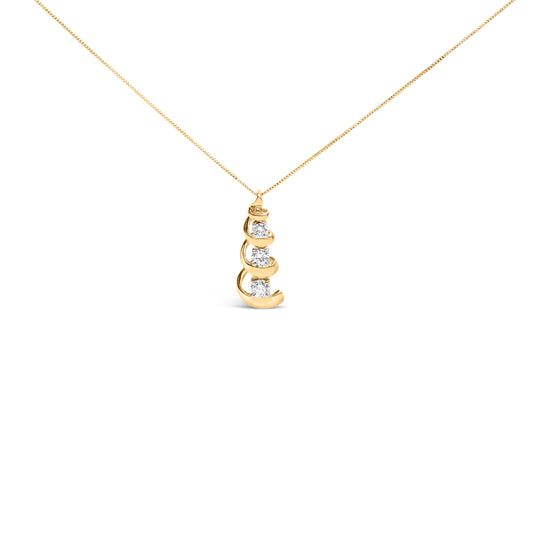 10k Yellow Gold 1/4 Cttw Diamond 3 Stone Swirl and Drop Pendant Necklace
