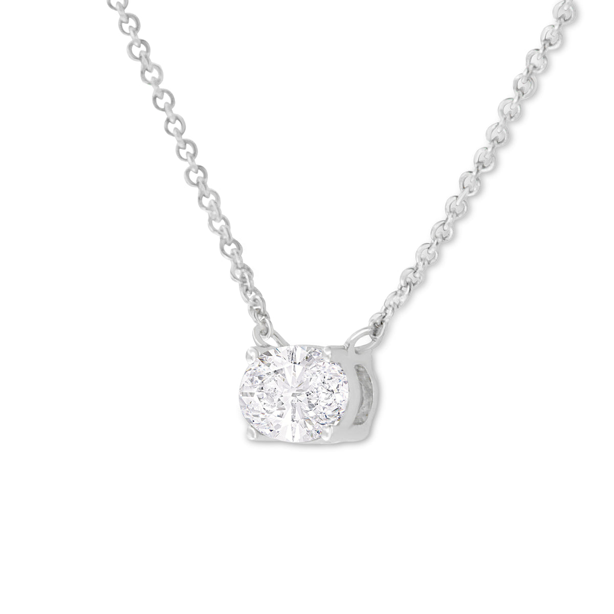Collar con colgante de 18" de oro blanco de 14k con diamante solitario ovalado cultivado en laboratorio de 1/2 quilate de peso total, orientación este-oeste, certificado por IGI (color E-F, claridad VS1-VS2)
