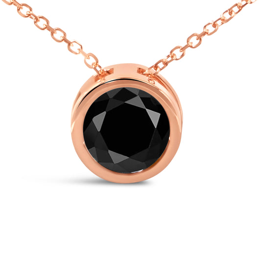 Colgante Solitario con Diamante Negro Redondo Engastado en Bisel de Oro Rosa de 14K de 3 1/2 Cttw (Color Negro, Claridad I2-I3) - 18"