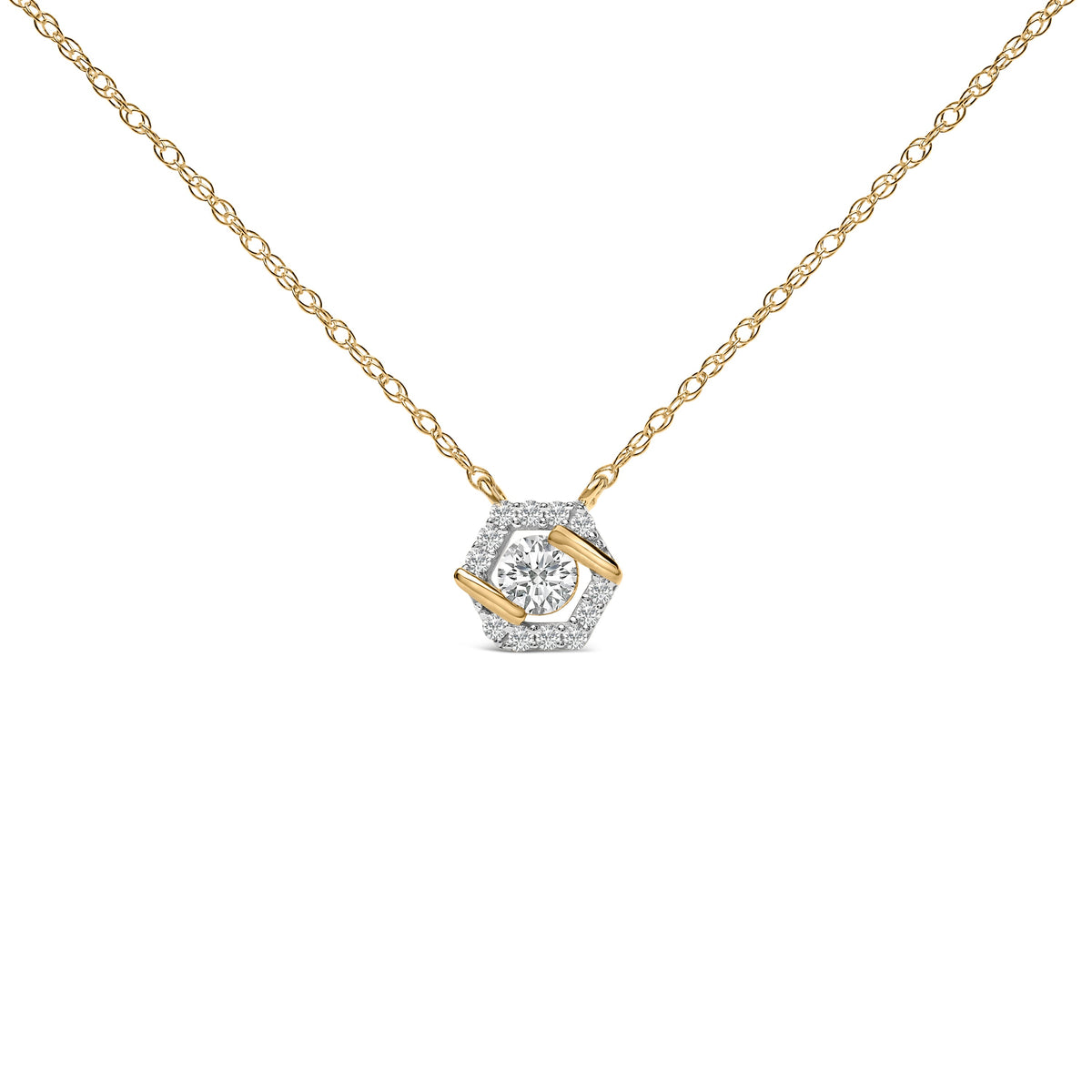 14K Yellow Gold Plated Sterling Silver 3/8 Cttw Lab Grown Diamond Hex Halo Pendant Necklace