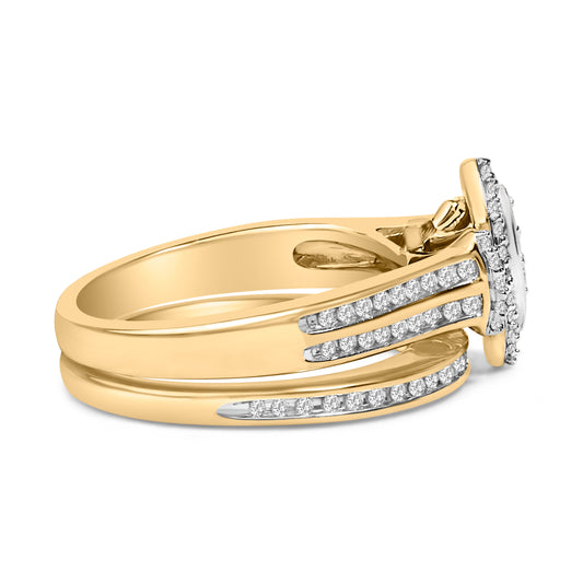Juego de novia de racimo de diamantes de talla marquesa de 1/2 quilate engarzados en plata de ley chapada en oro amarillo de 14 quilates
