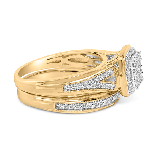 Conjunto de novia de clúster cuadrado de diamantes de 1/2 quilates de plata esterlina chapada en oro amarillo de 14K