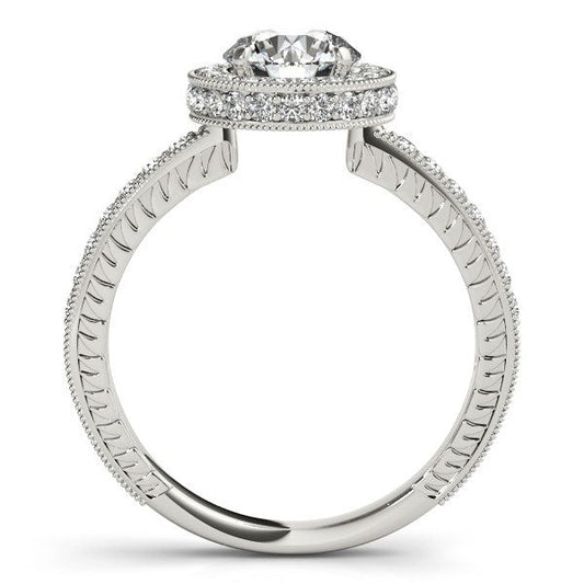 Anillo de compromiso de oro blanco de 14 quilates con borde milgrain y pavé de diamantes (1,5 ct. p.t.)