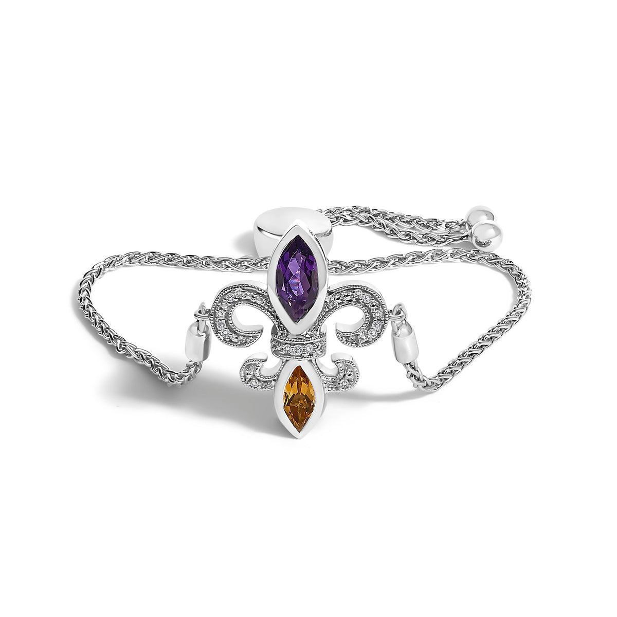 .925 Sterling Silver Marquise Purple Amethyst, Orange Citrine, and Diamond Accent Lariat 4â€-10†Fleur De Lis Adjustable Bolo Bracelet (I-J Color, I1-I2 Clarity)