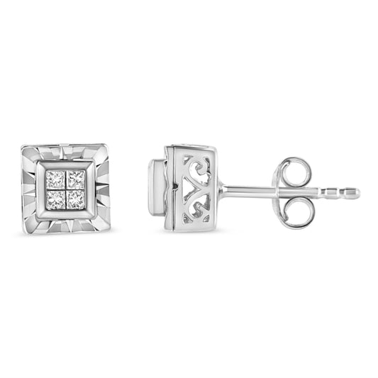 Pendientes de plata de ley .925 con 1/6 quilates de diamantes invisibles con corte de princesa y montura de cuatro (Color H-I, Claridad I1-I2)