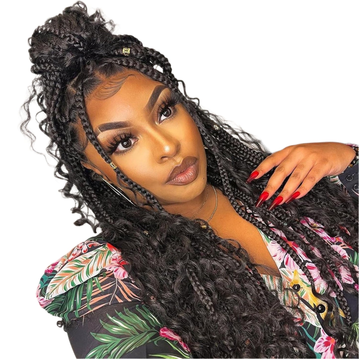 32" Box Braided Wig with Boho Curls - Knotless Braids, Cornrow Style, Lace Front Wig for Black Women (Natural Black)