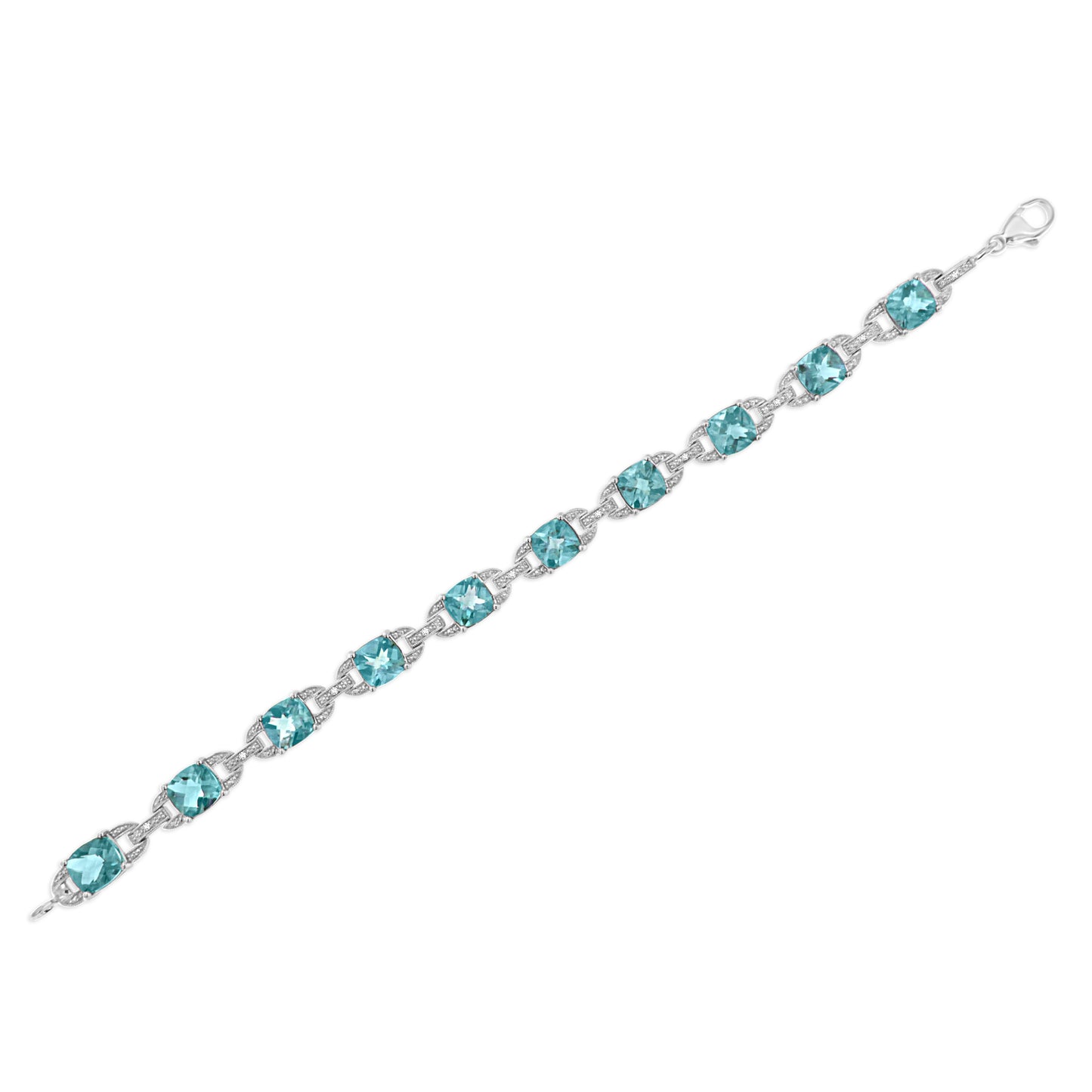 Pulsera de tenis de moda de plata de ley .925 con topacio azul de talla cojín de 7x7 mm y diamantes redondos de 1/20 quilates (Color I-J, Claridad I1-I2) - 7"