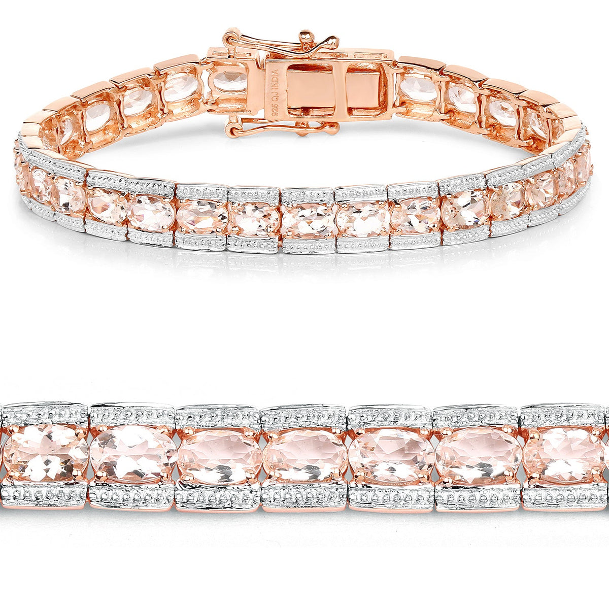 Pulsera de plata de ley .925 con morganita genuina de 11,60 quilates y baño de oro rosa de 18K