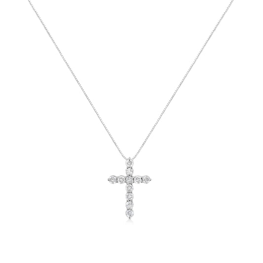 Collar con colgante de cruz de diamantes de talla redonda con engaste de garras de 1,0 Cttw en plata de ley .925 de 45,72 cm (color I-J, claridad I2-I3)