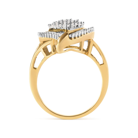 Anillo de racimo tipo bailarina de oro amarillo de 10 qt con diamantes redondos y corte baguette de 1 quilate (color H-I, claridad SI2-I1)