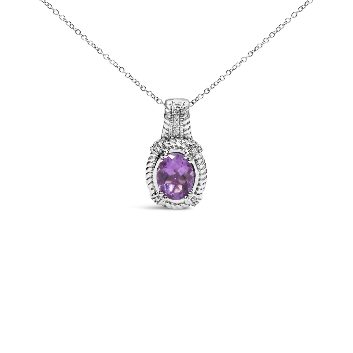 .925 Sterling Silver 9x7mm Oval Purple Amethyst and Round Diamond Accent Fashion Drop Pendant 18 Inch Necklace (I-J Color, I1-I2 Clarity)