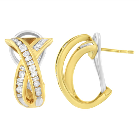 Pendientes de aro cruzados con diamantes en forma de "X" de oro blanco y amarillo de 14K de 1/2 TDW (I-J, I2-I3)