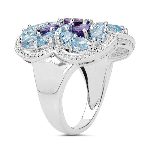 5.53 Carat Genuine Amethyst & Blue Topaz .925 Sterling Silver Ring