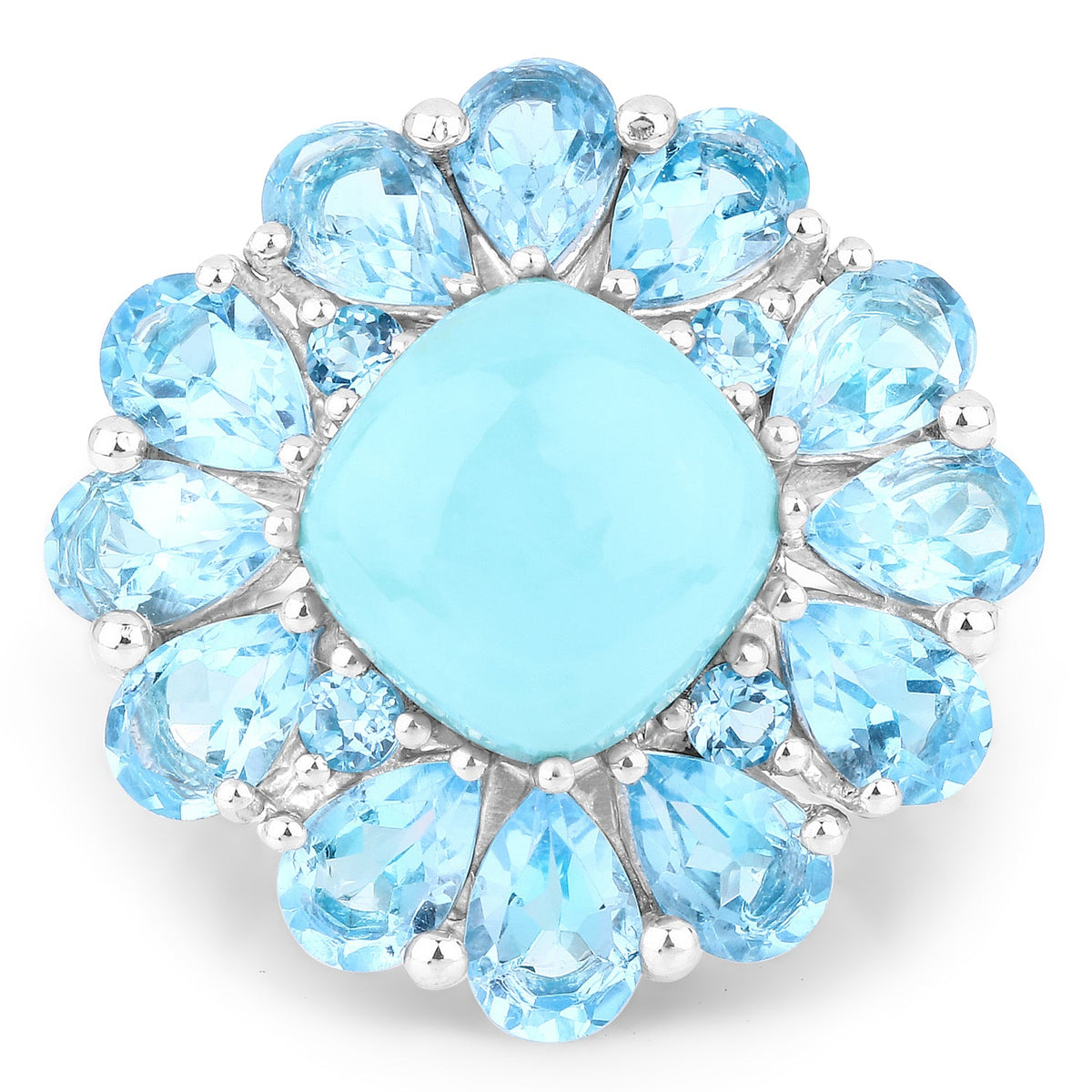 Anillo de Plata de Ley .925 con Turquesa Genuina de 9.50 Quilates y Topacio Suizo Azul