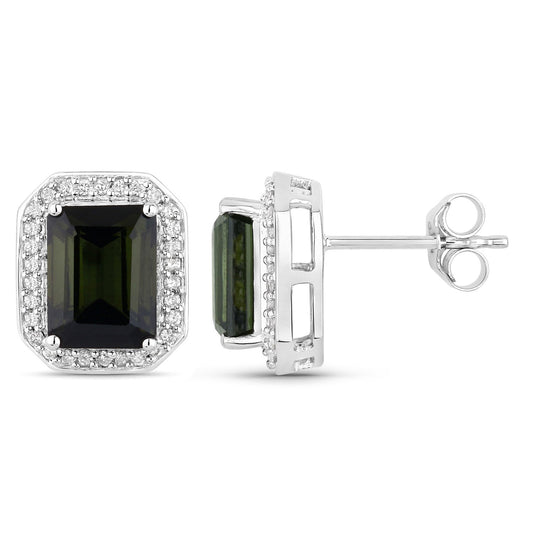 Pendientes de oro blanco de 14 quilates con turmalina verde genuina de 3.57 quilates y diamantes blancos