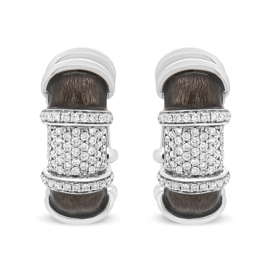 Pendientes de aro Huggie de plata de ley .925 con baño de oro blanco de 18 quilates, esmalte gris grafito transparente y diamantes redondos de 5/8 Cttw (color F-G, claridad VS1-VS2)