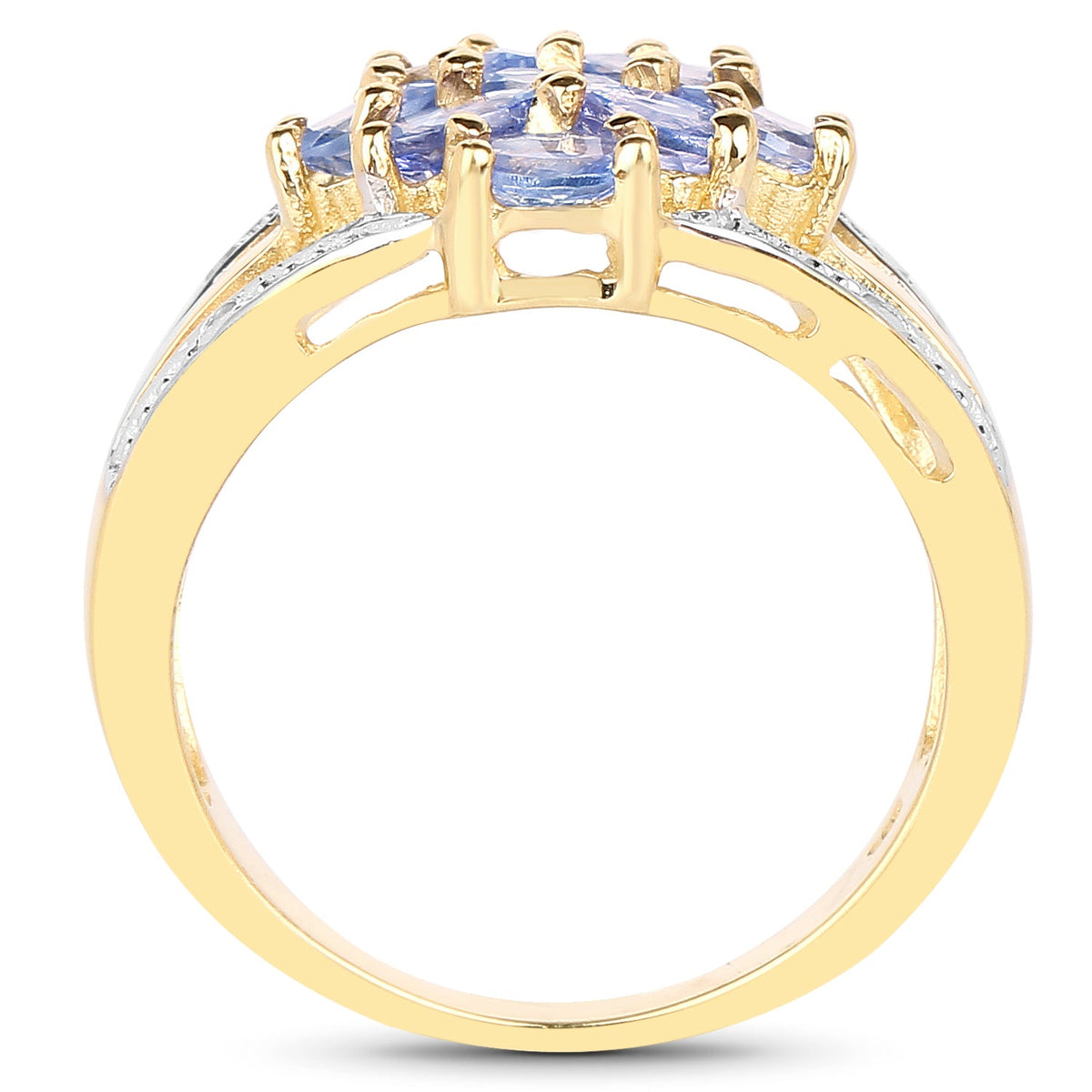 Anillo de plata de ley 925 chapado en oro amarillo de 14 quilates con tanzanita auténtica de 1,59 quilates y topacio blanco