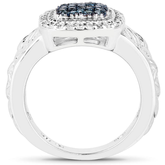 Anillo de plata de ley .925 con diamante azul genuino de 0,28 quilates y diamantes blancos