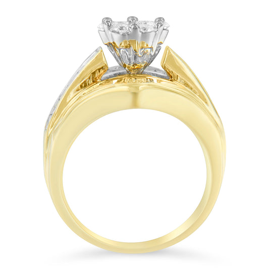 Anillo de compromiso y argolla matrimonial de oro amarillo de 14K con diamantes de 2-1/3 quilates en engaste de racimo, diseño de chevrón y canal