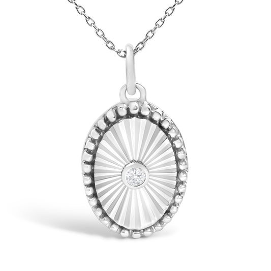 10K White Gold Diamond Accent Oval Fluted Medallion Pendant Necklace