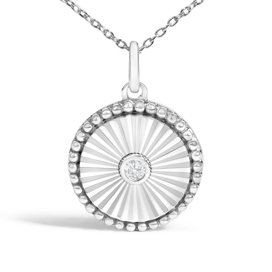 10K White Gold Diamond Accent Round Fluted Medallion Pendant Necklace