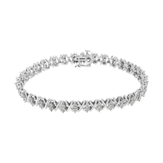Pulsera de tenis de plata de ley .925 con diamantes de 1,0 quilates, montura invisible, eslabones en X, 17,8 cm (color I-J, claridad I3)